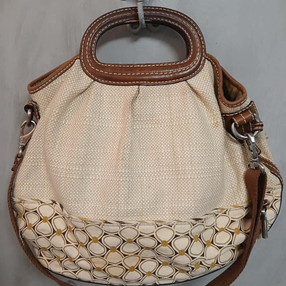 ✔️Fossil Cream and Brown Hobo Bag with Leather Accents, EUC